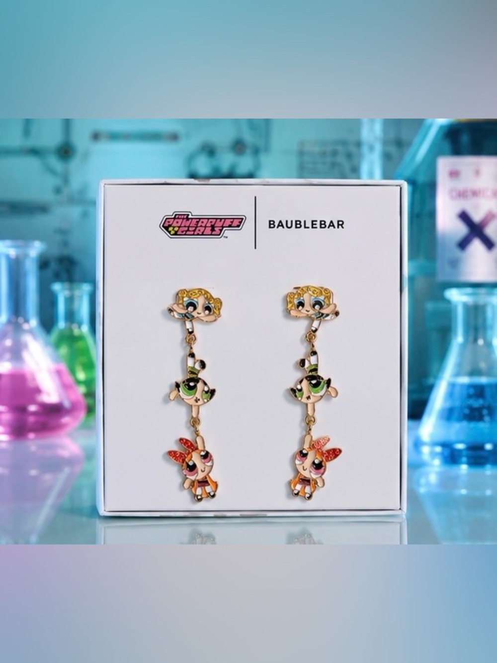 BaubleBar Gold-tone Powerpuff Girls Enamel Drop Earrings NIB - Picture 3 of 5